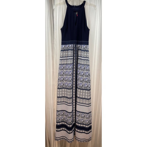 Vince Camuto Barktooth Sleeveless High Neck Maxi Dress Dark Blue  White Womens 6 - Picture 1 of 12